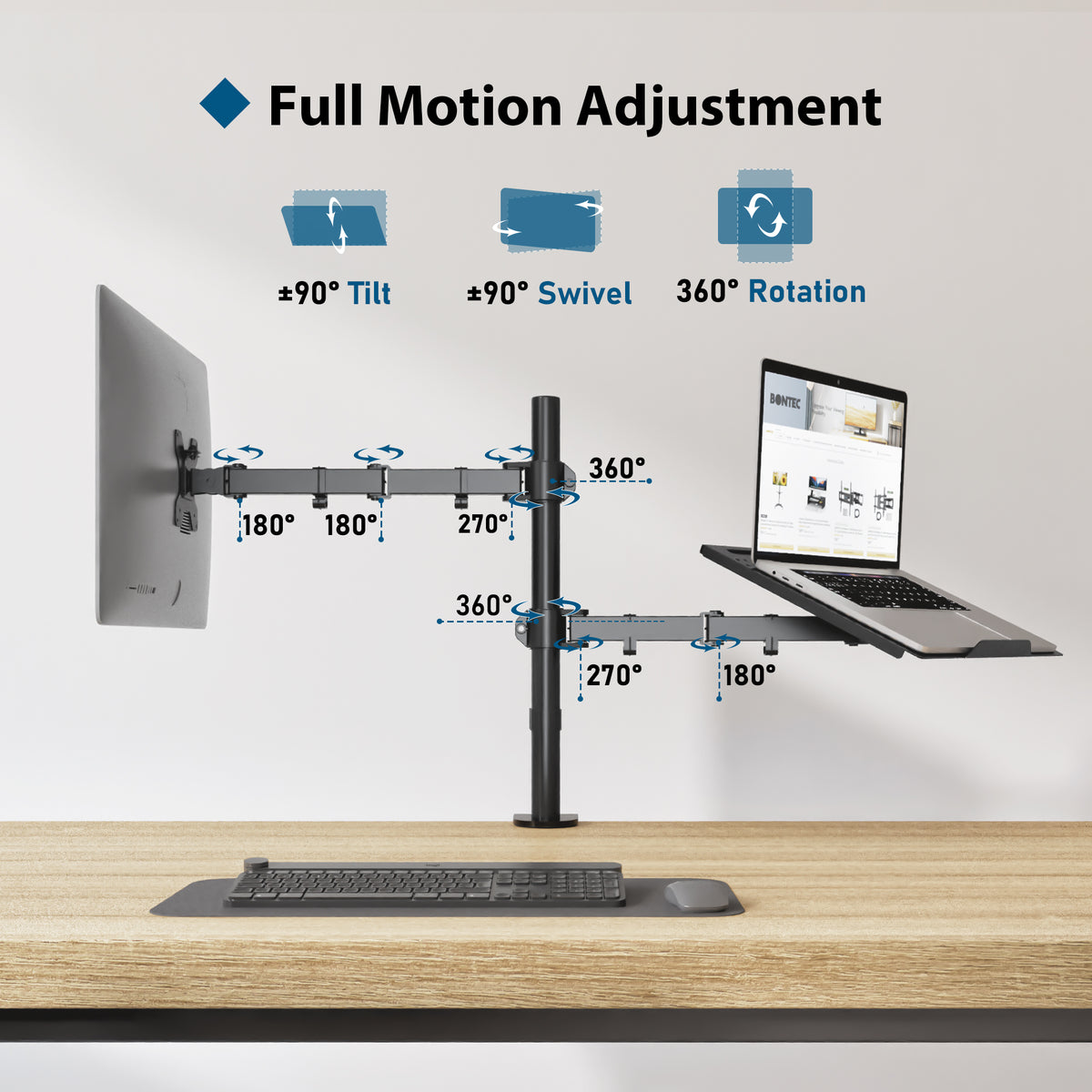 BONTEC Monitorarmhalterung mit Laptop-Fach für 13 bis 27 Zoll LCD LED Bildschirm & bis zu 17 Zoll Notebook, Neig-, Dreh- und Schwenkbar Ergonomischer Tischständer mit Klemme, VESA-Maße: 75x75-100x100mm