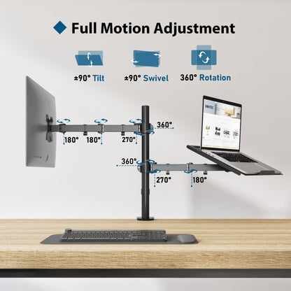 BONTEC Monitorarmhalterung mit Laptop-Fach für 13 bis 27 Zoll LCD LED Bildschirm & bis zu 17 Zoll Notebook, Neig-, Dreh- und Schwenkbar Ergonomischer Tischständer mit Klemme, VESA-Maße: 75x75-100x100mm