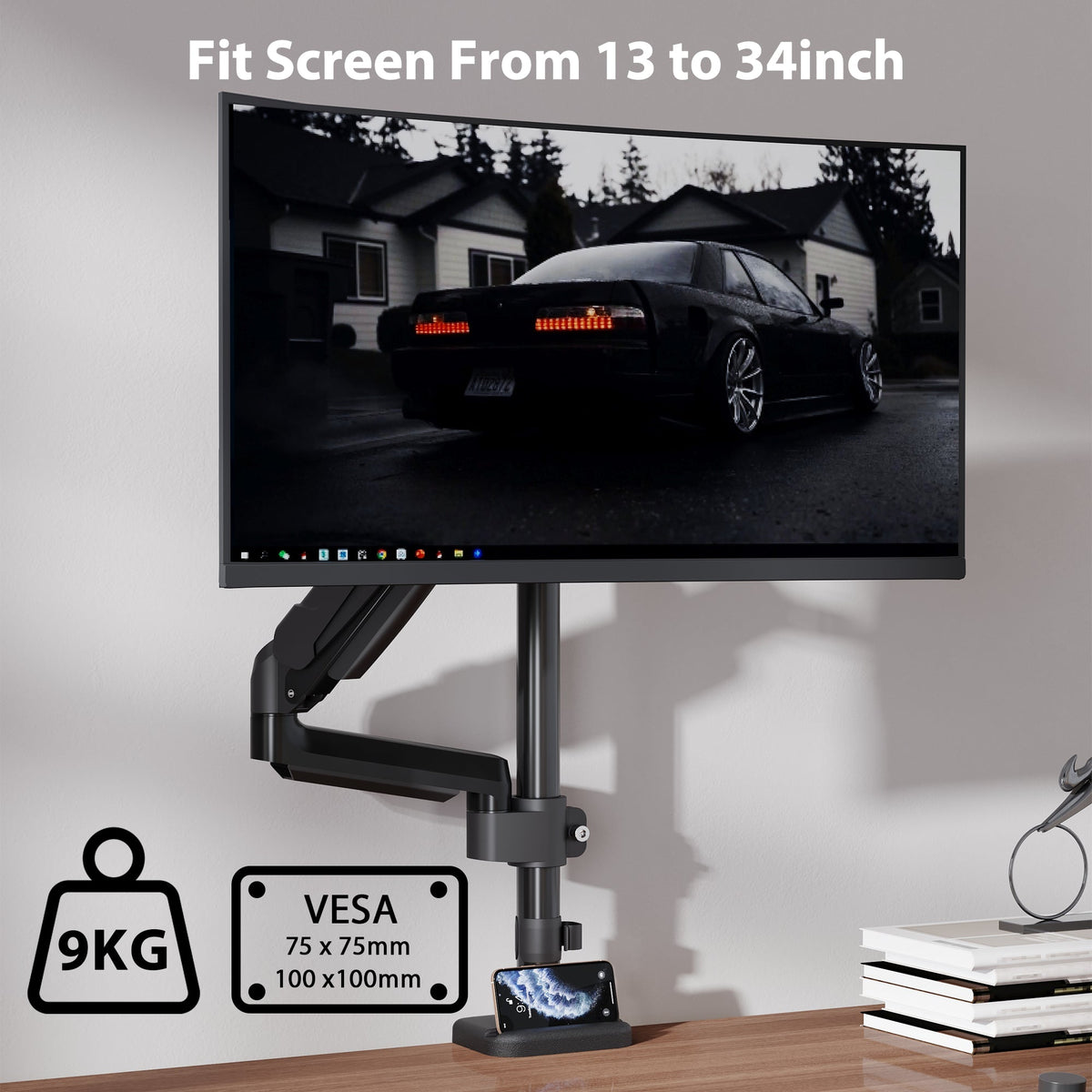 BONTEC Einzel-Monitorarm-Schreibtischhalterung für 13-32 Zoll Bildschirme, verstellbarer Gasfederarm, VESA 75/100mm, 9kg Tragkraft, Neigen, Schwenken, 360° Drehung, C-Klemme & Kabeldurchführung Optionen, Ergonomisches Design
