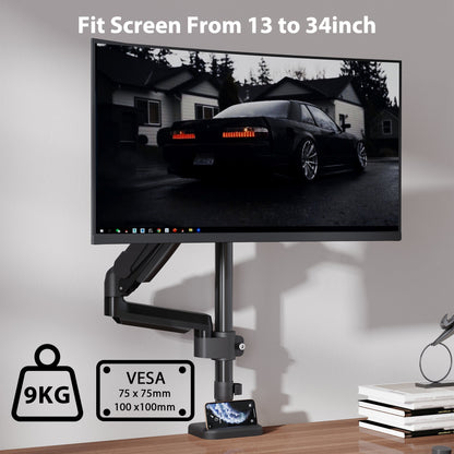 BONTEC Einzel-Monitorarm-Schreibtischhalterung für 13-32 Zoll Bildschirme, verstellbarer Gasfederarm, VESA 75/100mm, 9kg Tragkraft, Neigen, Schwenken, 360° Drehung, C-Klemme & Kabeldurchführung Optionen, Ergonomisches Design