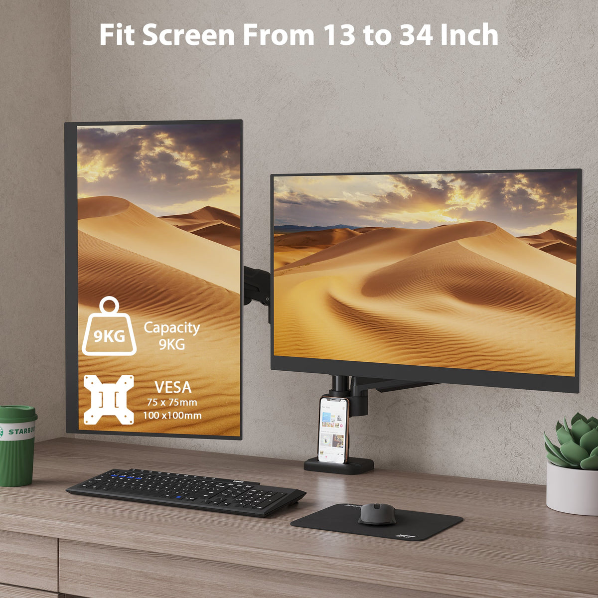 BONTEC Dual Monitor Tischhalterung für 32-Zoll-Bildschirme, ergonomischer Gasfederarm mit Kabelmanagement, neigbar, schwenkbar, drehbar, VESA 75/100 mm