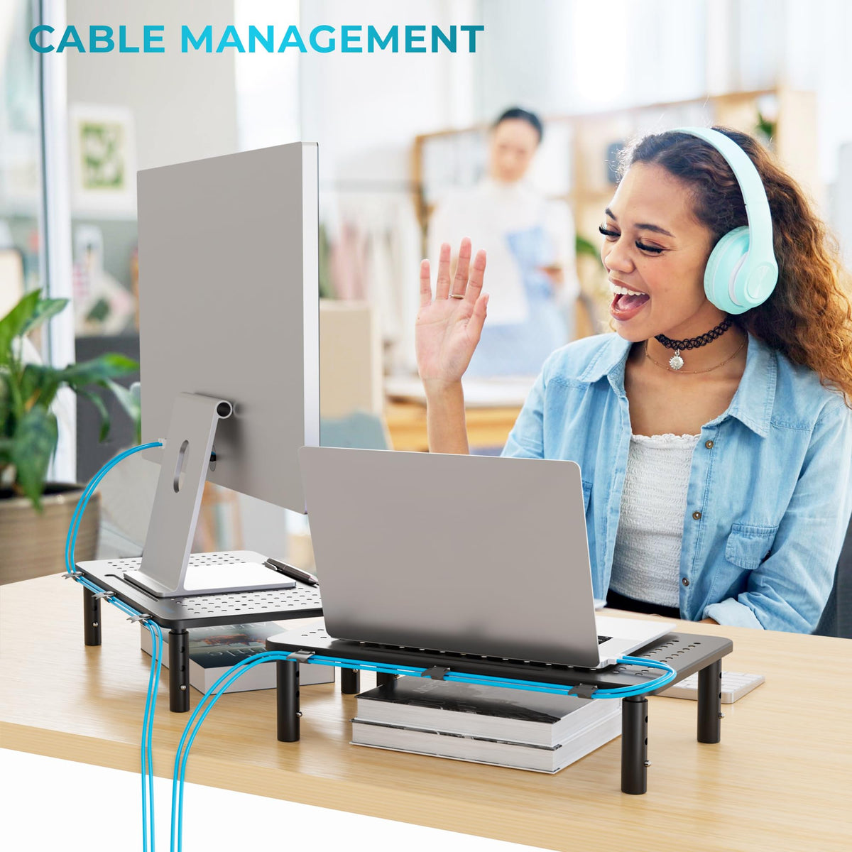 BONTEC Metall Monitorständer, Höhenverstellbarer Ständer für Schreibtisch, Ergonomischer 3-stufiger Schreibtisch-Organizer mit Kabelmanagement, Laptop- & Computermonitorständer bis 20 kg, 2er-Pack