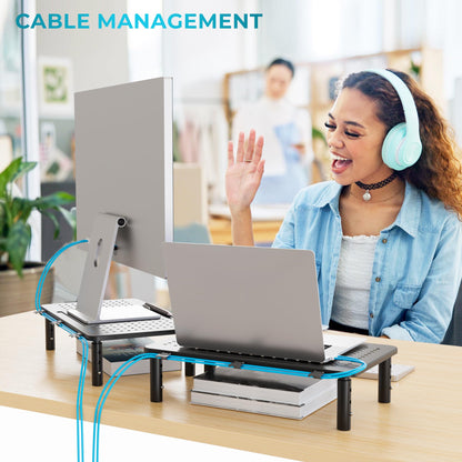 BONTEC Metall Monitorständer, Höhenverstellbarer Ständer für Schreibtisch, Ergonomischer 3-stufiger Schreibtisch-Organizer mit Kabelmanagement, Laptop- & Computermonitorständer bis 20 kg, 2er-Pack