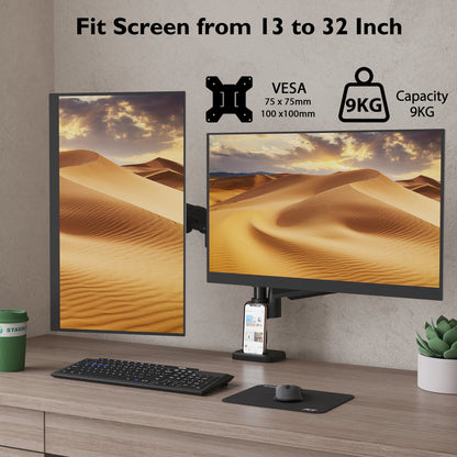 BONTEC Dual Monitor Tischhalterung für 32-Zoll-Bildschirme, ergonomischer Gasfederarm mit Kabelmanagement, neigbar, schwenkbar, drehbar, VESA 75/100 mm