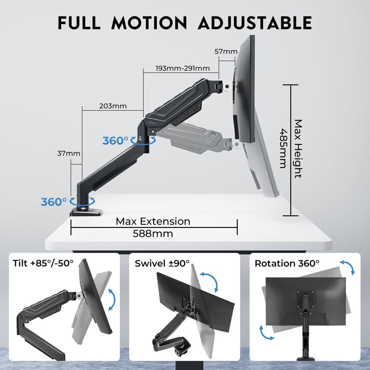 BONTEC Einzel-Monitorarm-Schreibtischhalterung für 24-38 Zoll Flach- oder Curved-Bildschirme, Gasfeder Verstellbarer 12kg Robuster Monitorarm mit Neigung Schwenkung Drehung, VESA 75x75/100x100 mm, Kabelmanagementsystem