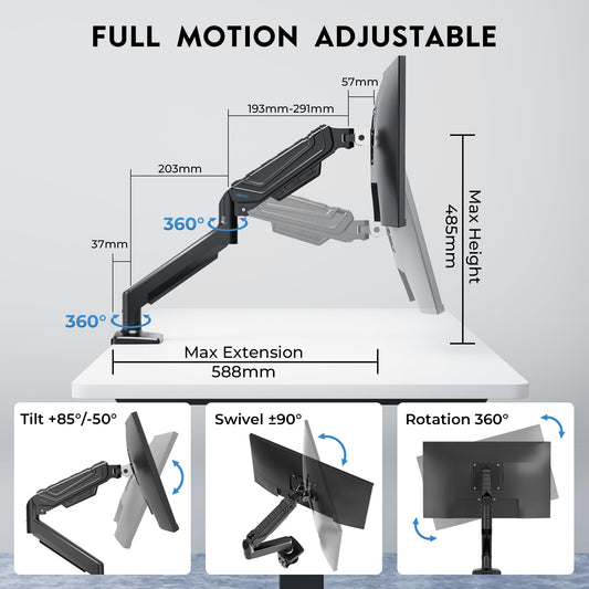 BONTEC Einzel-Monitorarm-Schreibtischhalterung für 24-38 Zoll Flach- oder Curved-Bildschirme, Gasfeder Verstellbarer 12kg Robuster Monitorarm mit Neigung Schwenkung Drehung, VESA 75x75/100x100 mm, Kabelmanagementsystem
