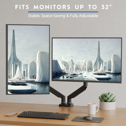 BONTEC Dual Monitor Halterung, Verstellbare Gasfederarme Monitor Tischhalterung für 13-32 Zoll Bildschirme, VESA 75 & 100 mm, 9 kg Max. Belastung, C-Klemme, Kabeldurchführung, Neigen, Schwenken, 360° Drehbar, Ergonomisches Design