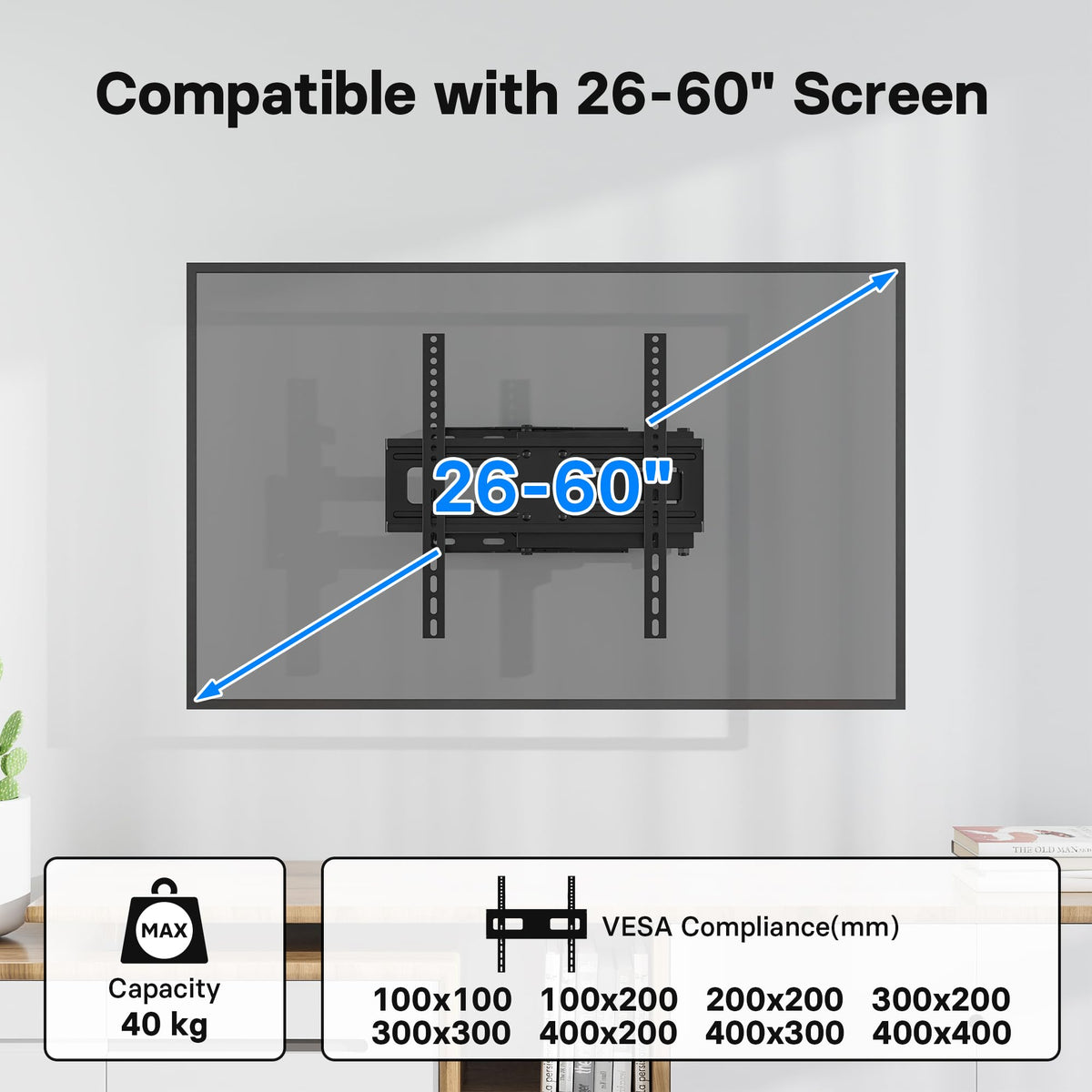BONTEC TV-Wandhalterung für 26-60 Zoll, mit Schwenk-, Neige- und Ausziehfunktion von 80 bis 500 mm. Bewegliche TV-Wandhalterung mit einer Tragfähigkeit von 40 kg, Max. VESA 400x400, perfekt für die Eckmontage