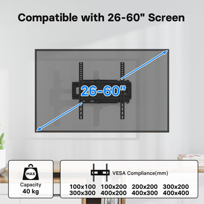 BONTEC TV-Wandhalterung für 26-60 Zoll, mit Schwenk-, Neige- und Ausziehfunktion von 80 bis 500 mm. Bewegliche TV-Wandhalterung mit einer Tragfähigkeit von 40 kg, Max. VESA 400x400, perfekt für die Eckmontage