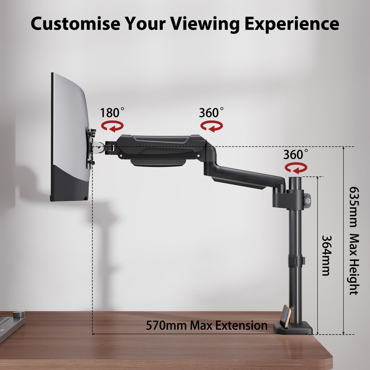 BONTEC Einzel-Monitorarm-Schreibtischhalterung für 13-32 Zoll Bildschirme, verstellbarer Gasfederarm, VESA 75/100mm, 9kg Tragkraft, Neigen, Schwenken, 360° Drehung, C-Klemme & Kabeldurchführung Optionen, Ergonomisches Design