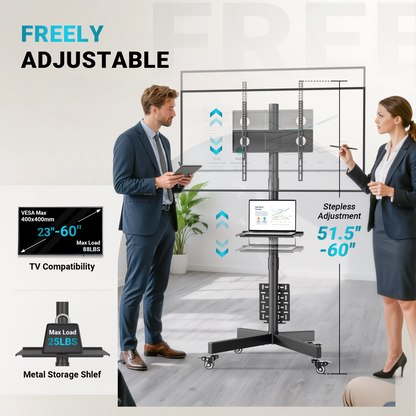 BONTEC Mobiler TV-Ständer mit Lochwand-Aufbewahrung für 23–60 Zoll Fernseher, Höhenverstellbarer TV-Rollwagen mit neigbarer Halterung, Tragkraft 40kg, Max VESA 400x400mm, arretierbare Metallrollen, Metallablage & Kabelmanagement