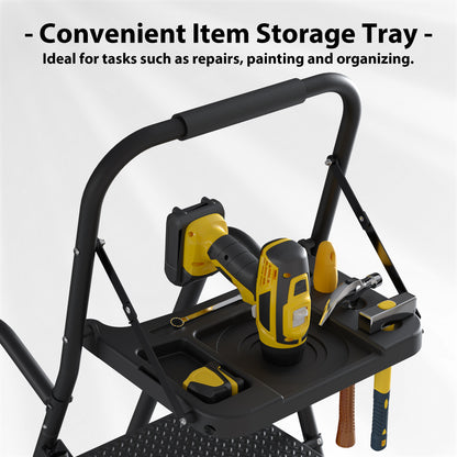 BONTEC 5-Stufen-Leiter mit Werkzeugtasche und Ablage, klappbare Trittleiter mit breiten Anti-Rutsch-Pedalen, Handläufen und Softgrip, klappbarer Metall-Stufenhocker für Küche, Speisekammer, Garage, bis 150 kg, Schwarz