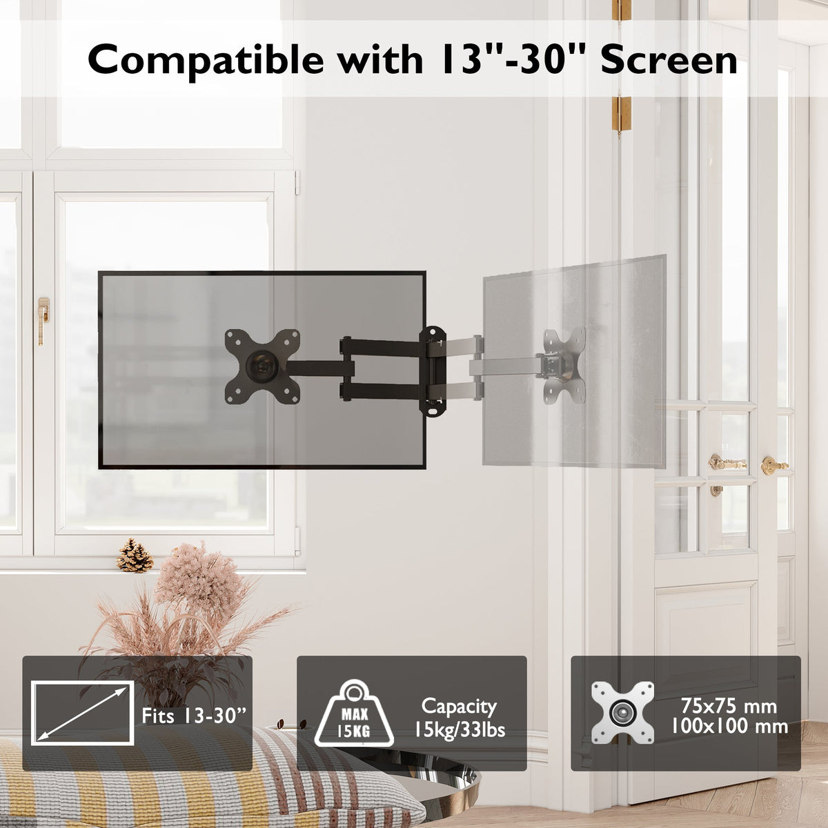 BONTEC Vollbewegliche Gelenk-TV-Wandhalterung für 13''-30'' LCD-LED-Fernseher, neigbar, schwenkbar, ausziehbar, rotierbar, VESA 75x75mm/100x100mm, hält bis zu 15kg