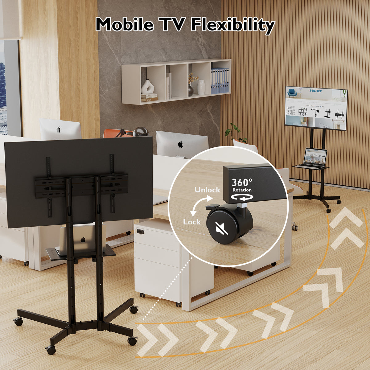 BONTEC Mobiler TV-Ständer auf Rollen, TV-Wagen mit feststellbaren Rollen für 32-85 Zoll LED-, LCD-, OLED-Flach- und Curved-TVs, neigbar, höhenverstellbar, max. VESA 600x400mm, 55kg Traglast, Laptopablage