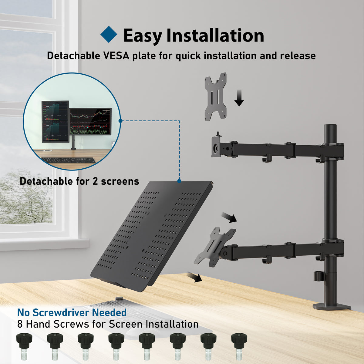 BONTEC Monitorarmhalterung mit Laptop-Fach für 13 bis 27 Zoll LCD LED Bildschirm & bis zu 17 Zoll Notebook, Neig-, Dreh- und Schwenkbar Ergonomischer Tischständer mit Klemme, VESA-Maße: 75x75-100x100mm