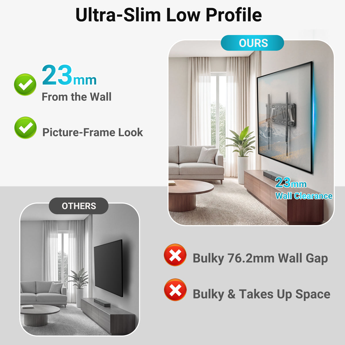 BONTEC feste TV-Wandhalterung für 43 bis 100 Zoll Flach- und Curved-Fernseher, ultraschlank 23 mm flaches Profil, hohe Belastbarkeit 100 kg, maximale VESA 800x600mm, einteilige Platte, sauberes, bündiges Design