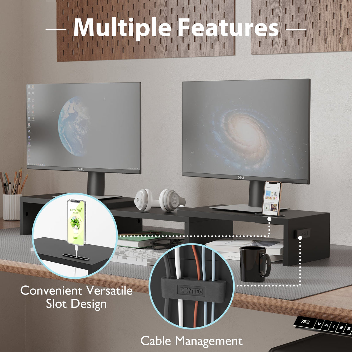 BONTEC Doppelmonitor-Ständererhöhung, verstellbare Länge und Winkel, ergonomischer Schreibtisch-Organizer mit Smartphone-Halterung, extra Stauraum und Kabelmanagement, hölzerner Monitorständer für Laptop, Drucker und Monitor