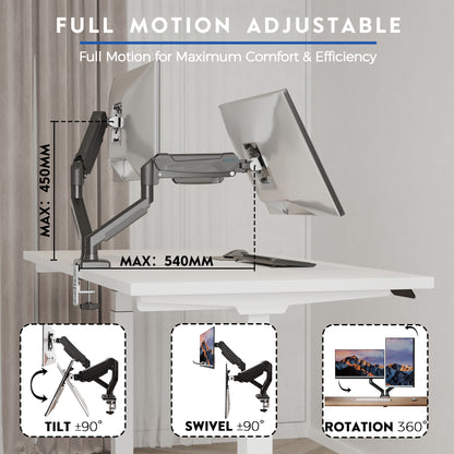 BONTEC Dual Monitor Halterung, Verstellbare Gasfederarme Monitor Tischhalterung für 13-32 Zoll Bildschirme, VESA 75 & 100 mm, 9 kg Max. Belastung, C-Klemme, Kabeldurchführung, Neigen, Schwenken, 360° Drehbar, Ergonomisches Design
