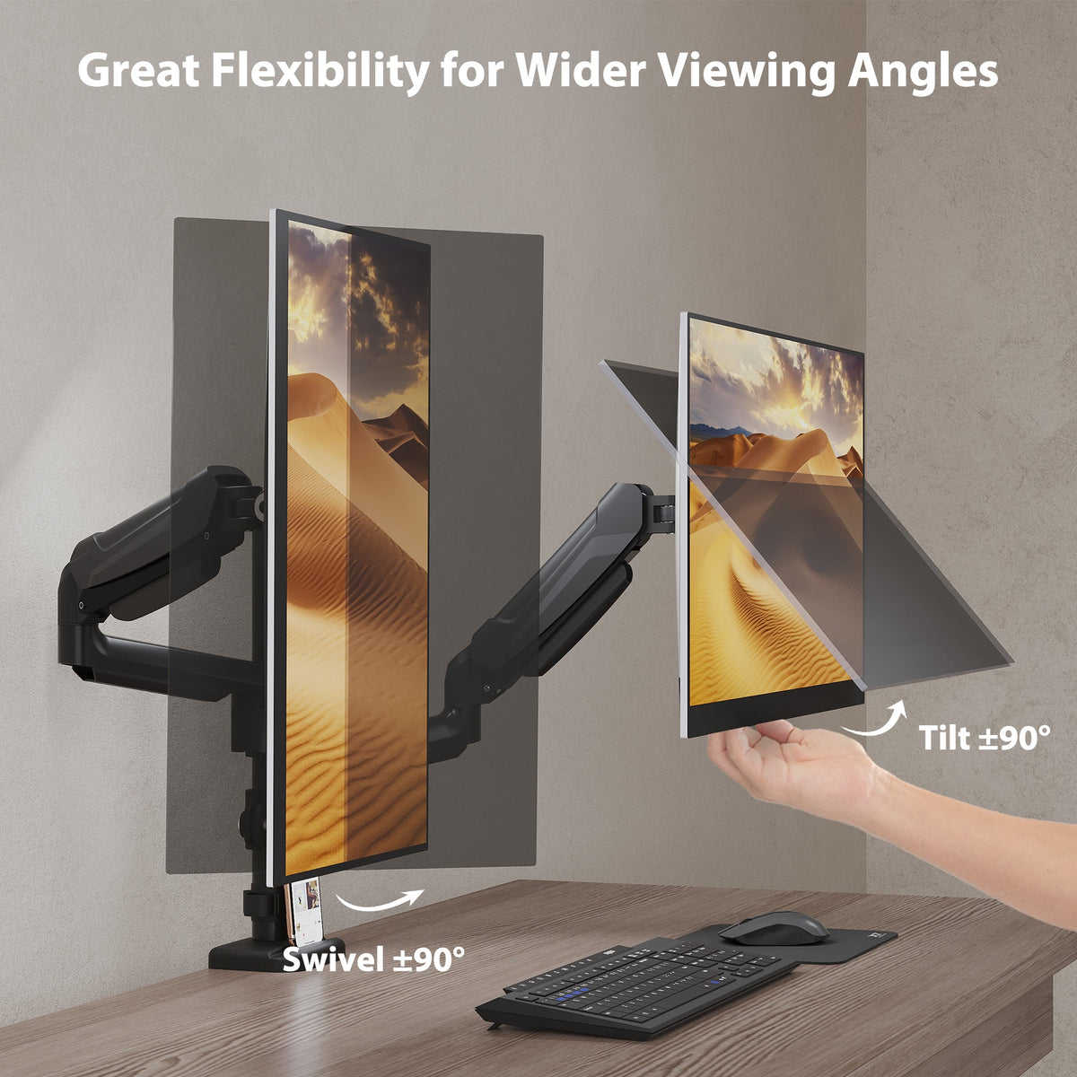 BONTEC Dual Monitor Tischhalterung für 32-Zoll-Bildschirme, ergonomischer Gasfederarm mit Kabelmanagement, neigbar, schwenkbar, drehbar, VESA 75/100 mm