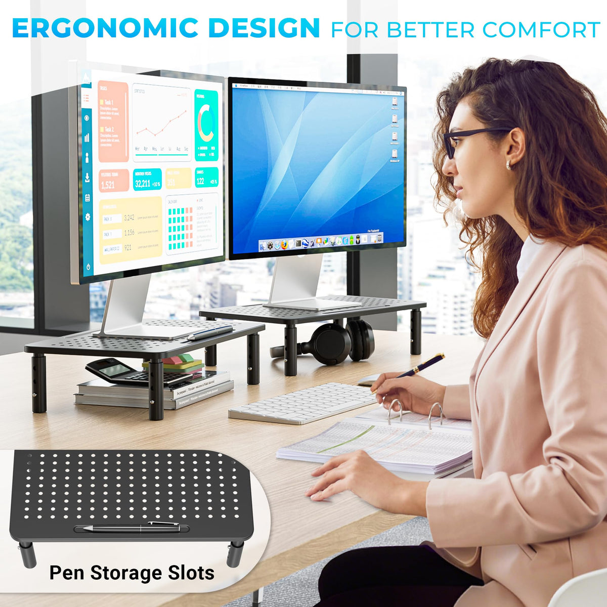 BONTEC Metall Monitorständer, Höhenverstellbarer Ständer für Schreibtisch, Ergonomischer 3-stufiger Schreibtisch-Organizer mit Kabelmanagement, Laptop- & Computermonitorständer bis 20 kg, 2er-Pack