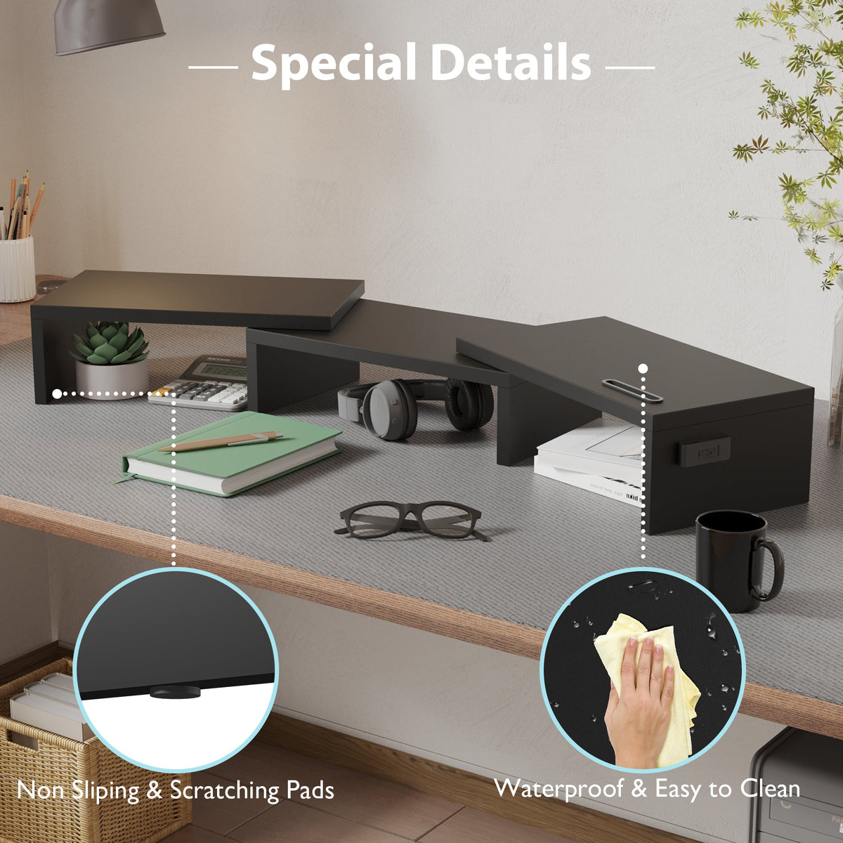 BONTEC Doppelmonitor-Ständererhöhung, verstellbare Länge und Winkel, ergonomischer Schreibtisch-Organizer mit Smartphone-Halterung, extra Stauraum und Kabelmanagement, hölzerner Monitorständer für Laptop, Drucker und Monitor