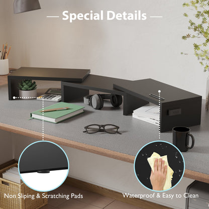 BONTEC Doppelmonitor-Ständererhöhung, verstellbare Länge und Winkel, ergonomischer Schreibtisch-Organizer mit Smartphone-Halterung, extra Stauraum und Kabelmanagement, hölzerner Monitorständer für Laptop, Drucker und Monitor