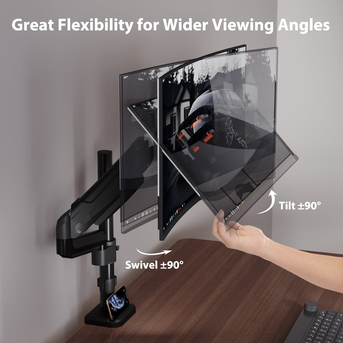 BONTEC Einzel-Monitorarm-Schreibtischhalterung für 13-32 Zoll Bildschirme, verstellbarer Gasfederarm, VESA 75/100mm, 9kg Tragkraft, Neigen, Schwenken, 360° Drehung, C-Klemme & Kabeldurchführung Optionen, Ergonomisches Design