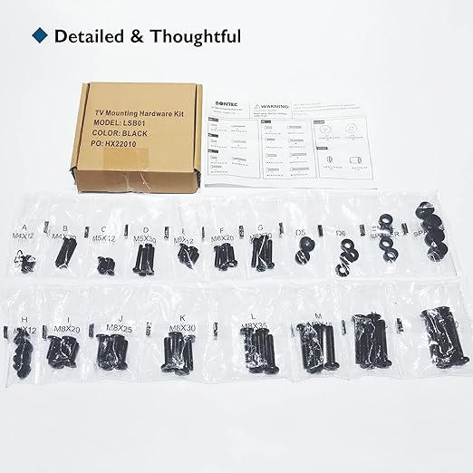 BONTEC Universal TV-Montagehardware-Kit Kompatibel mit den meisten Fernsehern bis zu 80 Zoll, inklusive M4, M5, M6 und M8 TV-Schrauben, Unterlegscheiben und Abstandshaltern, Funktioniert mit jeder TV-Wandhalterung, jedem Monitor und TV-Ständer