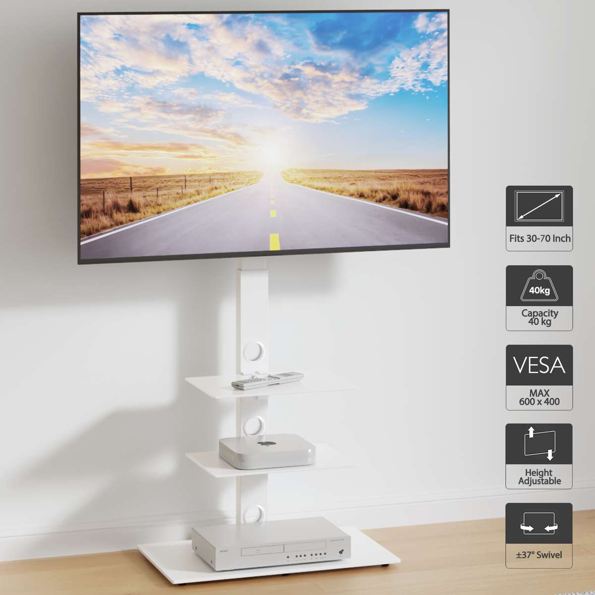 BONTEC Universal Boden-TV-Ständer für 30-70 Zoll LED OLED LCD Plasma Flach- und Curved-Bildschirme, höhenverstellbarer hoher TV-Ständer mit 3-lagigen gehärteten Glasablagen bis zu 40 kg, maximale VESA 600x400mm