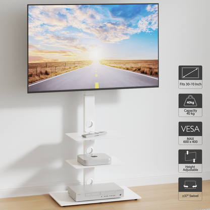 BONTEC Universal Boden-TV-Ständer für 30-70 Zoll LED OLED LCD Plasma Flach- und Curved-Bildschirme, höhenverstellbarer hoher TV-Ständer mit 3-lagigen gehärteten Glasablagen bis zu 40 kg, maximale VESA 600x400mm