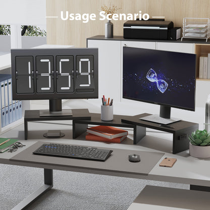 BONTEC Doppelmonitor-Ständererhöhung, verstellbare Länge und Winkel, ergonomischer Schreibtisch-Organizer mit Smartphone-Halterung, extra Stauraum und Kabelmanagement, hölzerner Monitorständer für Laptop, Drucker und Monitor