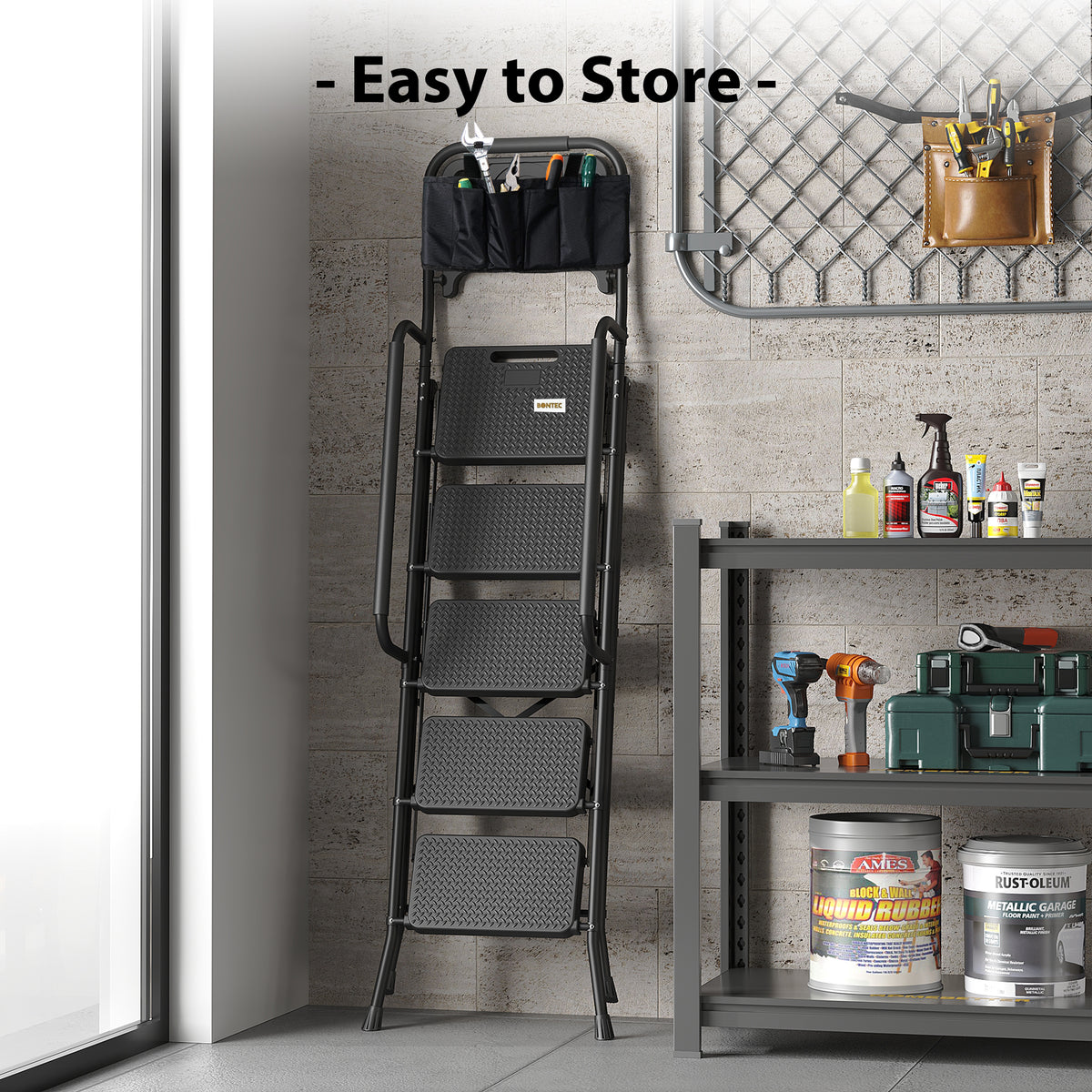 BONTEC 5-Stufen-Leiter mit Werkzeugtasche und Ablage, klappbare Trittleiter mit breiten Anti-Rutsch-Pedalen, Handläufen und Softgrip, klappbarer Metall-Stufenhocker für Küche, Speisekammer, Garage, bis 150 kg, Schwarz