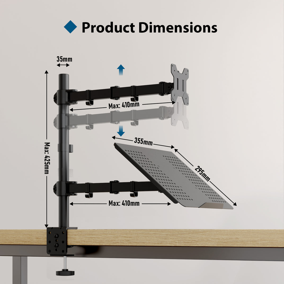 BONTEC Monitorarmhalterung mit Laptop-Fach für 13 bis 27 Zoll LCD LED Bildschirm & bis zu 17 Zoll Notebook, Neig-, Dreh- und Schwenkbar Ergonomischer Tischständer mit Klemme, VESA-Maße: 75x75-100x100mm