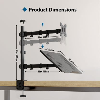 BONTEC Monitorarmhalterung mit Laptop-Fach für 13 bis 27 Zoll LCD LED Bildschirm & bis zu 17 Zoll Notebook, Neig-, Dreh- und Schwenkbar Ergonomischer Tischständer mit Klemme, VESA-Maße: 75x75-100x100mm