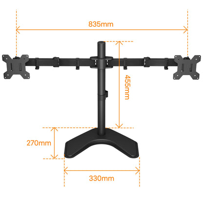 BONTEC Doppelmonitorhalterung für 13-27-Zoll-Bildschirme, verstellbare Tischhalterung mit Neige-, Schwenk- und Drehfunktion, VESA 75x75 & 100x100mm, höhenverstellbar, hält bis zu 10 kg pro Arm, stabile Basis für Zuhause und Büro