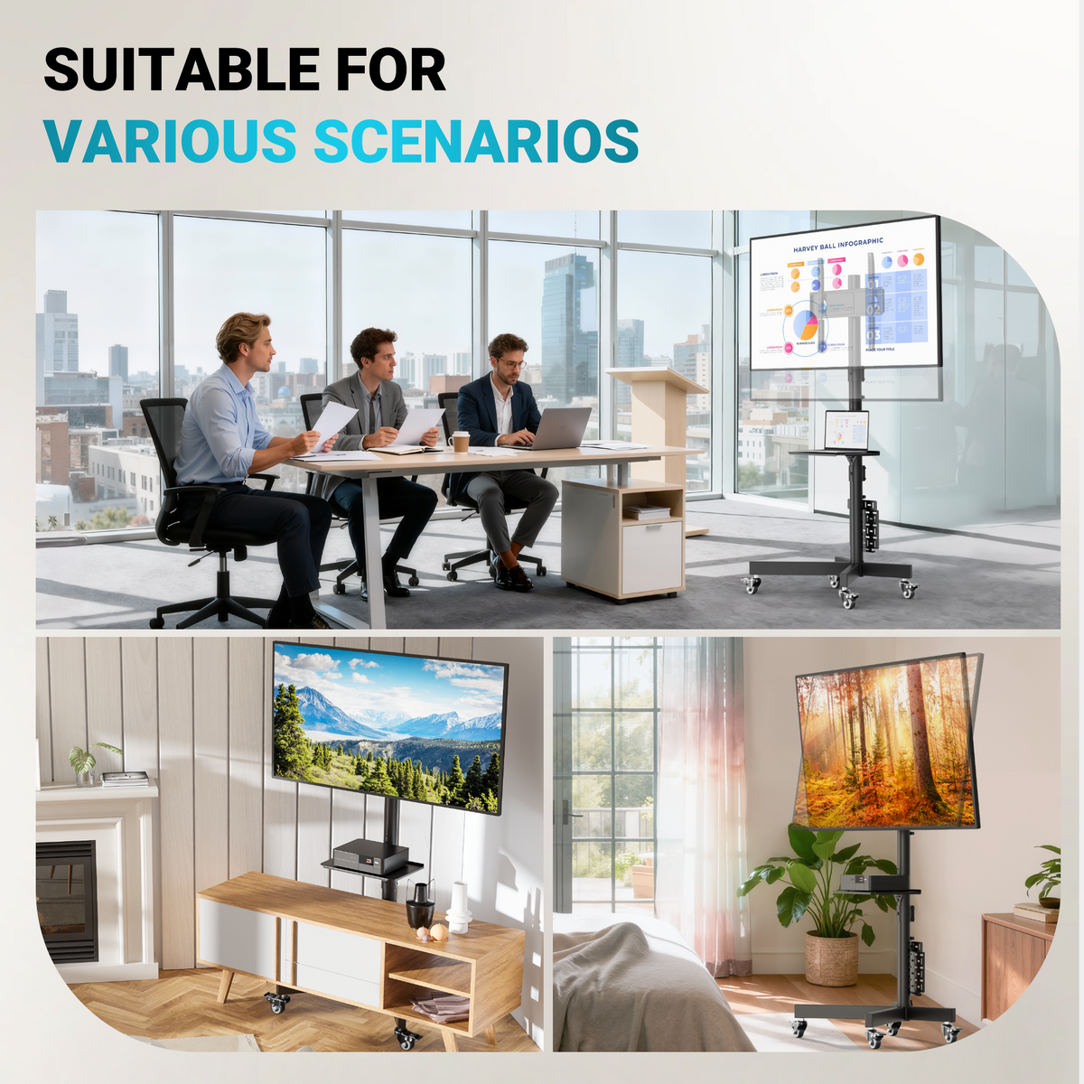 BONTEC Mobiler TV-Ständer mit Lochwand-Aufbewahrung für 23–60 Zoll Fernseher, Höhenverstellbarer TV-Rollwagen mit neigbarer Halterung, Tragkraft 40kg, Max VESA 400x400mm, arretierbare Metallrollen, Metallablage & Kabelmanagement
