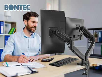 BONTEC Dual-Monitorhalterung für 24-34 Zoll Bildschirme, verstellbarer Gasfeder-Monitorarm Schreibtischhalterung, volle Bewegungsfreiheit, VESA 75x75 100x100, C-Klemme, ergonomisch für Büro oder Gaming, Kabelmanagement