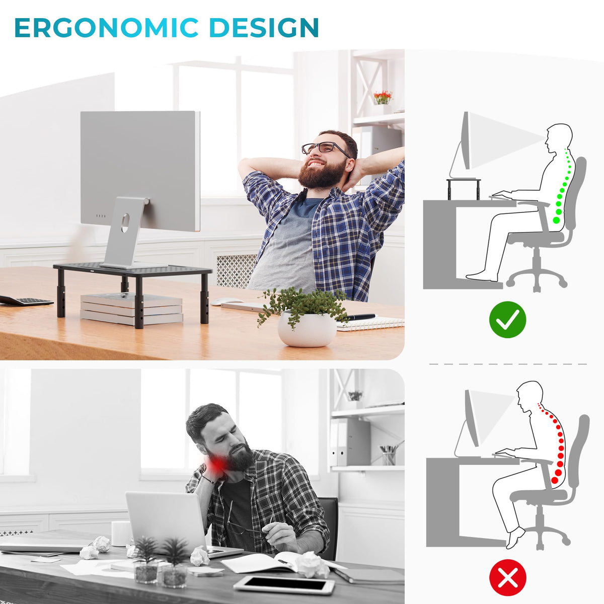 BONTEC Metall Monitorständer, Höhenverstellbarer Ständer für Schreibtisch, Ergonomischer 3-stufiger Schreibtisch-Organizer mit Kabelmanagement, Laptop- & Computermonitorständer bis 20 kg, 2er-Pack