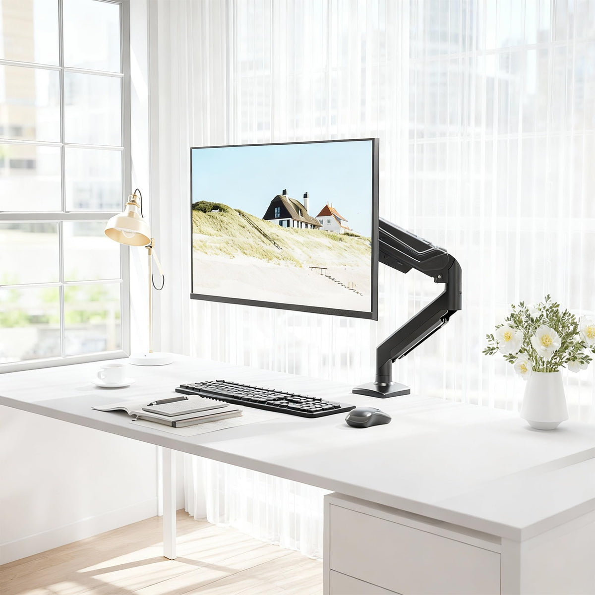 BONTEC Einzel-Monitorarm-Schreibtischhalterung für 24-38 Zoll Flach- oder Curved-Bildschirme, Gasfeder Verstellbarer 12kg Robuster Monitorarm mit Neigung Schwenkung Drehung, VESA 75x75/100x100 mm, Kabelmanagementsystem
