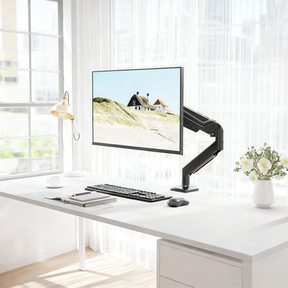 BONTEC Einzel-Monitorarm-Schreibtischhalterung für 24-38 Zoll Flach- oder Curved-Bildschirme, Gasfeder Verstellbarer 12kg Robuster Monitorarm mit Neigung Schwenkung Drehung, VESA 75x75/100x100 mm, Kabelmanagementsystem