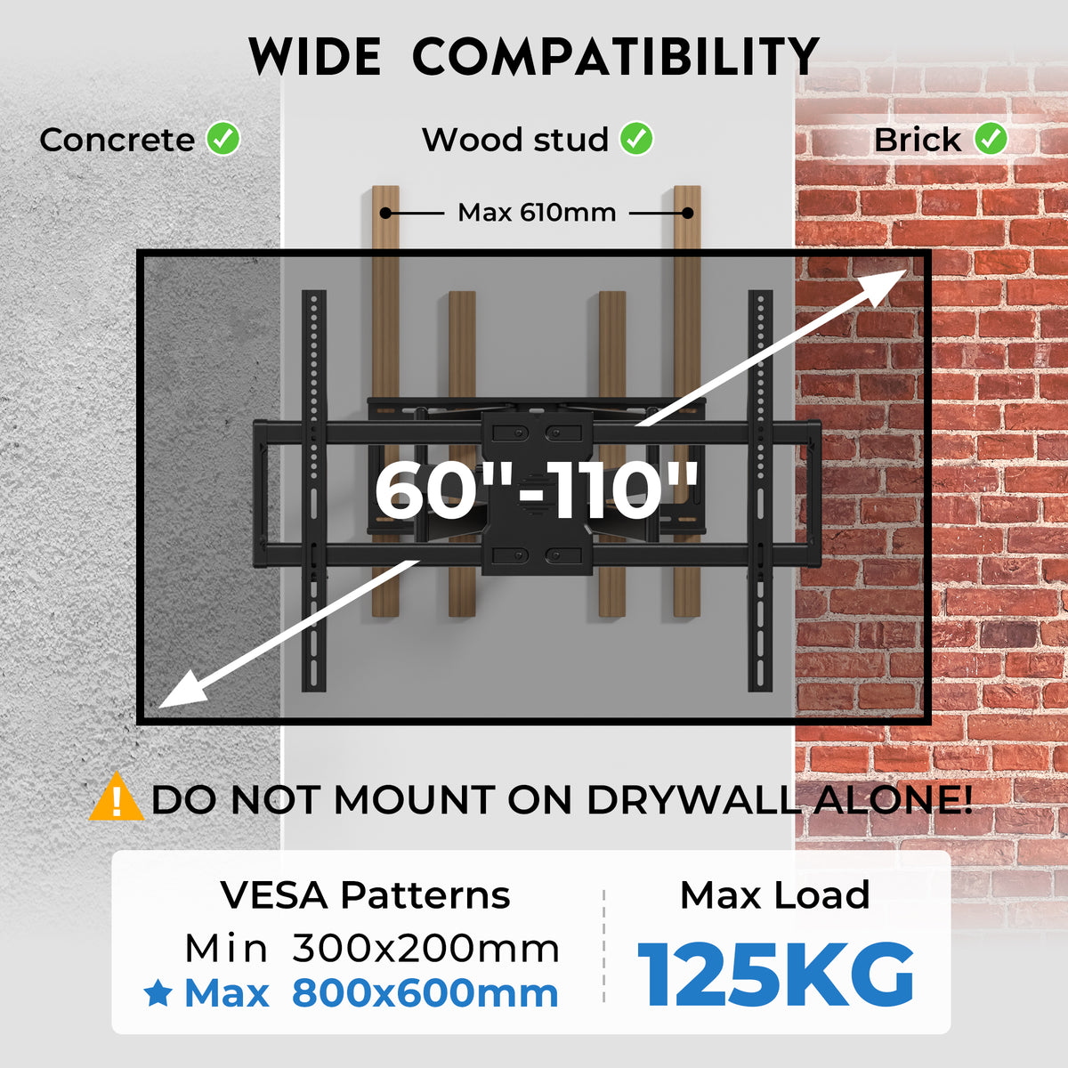 BONTEC TV-Wandhalterung für 60–110-Zoll-Fernseher, hält bis zu 125 kg, robuste Wandhalterung aus Stahl, ausziehbar bis 1016 mm, max. VESA 800x600 mm, schwenk- und neigbare Wandhalterung mit Doppelarmen, voll bewegliches Design