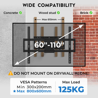 BONTEC TV-Wandhalterung für 60–110-Zoll-Fernseher, hält bis zu 125 kg, robuste Wandhalterung aus Stahl, ausziehbar bis 1016 mm, max. VESA 800x600 mm, schwenk- und neigbare Wandhalterung mit Doppelarmen, voll bewegliches Design