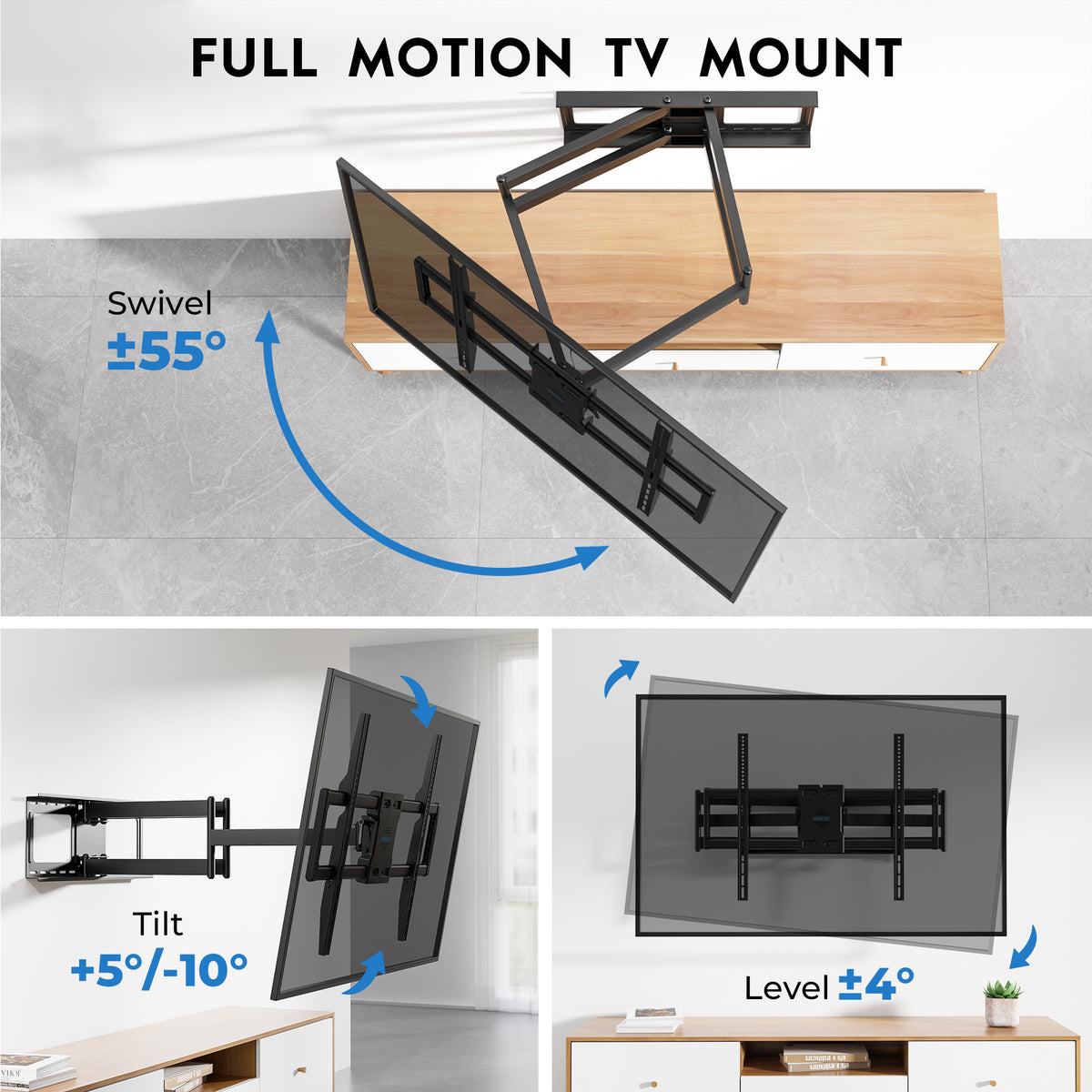 BONTEC TV-Wandhalterung für 60–110-Zoll-Fernseher, hält bis zu 125 kg, robuste Wandhalterung aus Stahl, ausziehbar bis 1016 mm, max. VESA 800x600 mm, schwenk- und neigbare Wandhalterung mit Doppelarmen, voll bewegliches Design