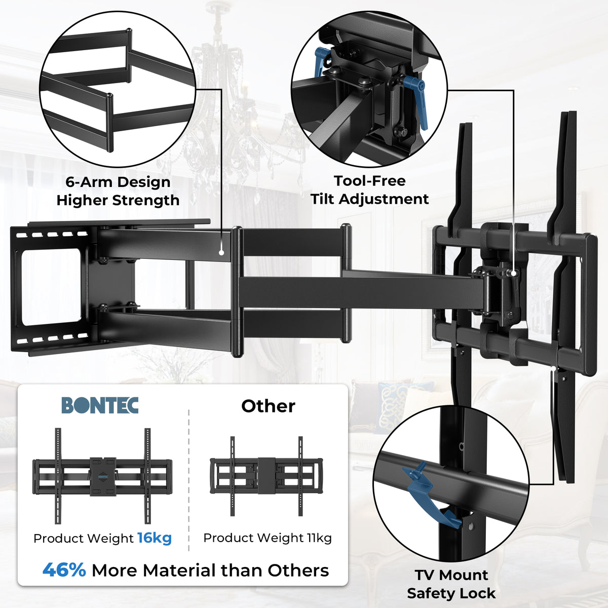 BONTEC TV-Wandhalterung für 60–110-Zoll-Fernseher, hält bis zu 125 kg, robuste Wandhalterung aus Stahl, ausziehbar bis 1016 mm, max. VESA 800x600 mm, schwenk- und neigbare Wandhalterung mit Doppelarmen, voll bewegliches Design