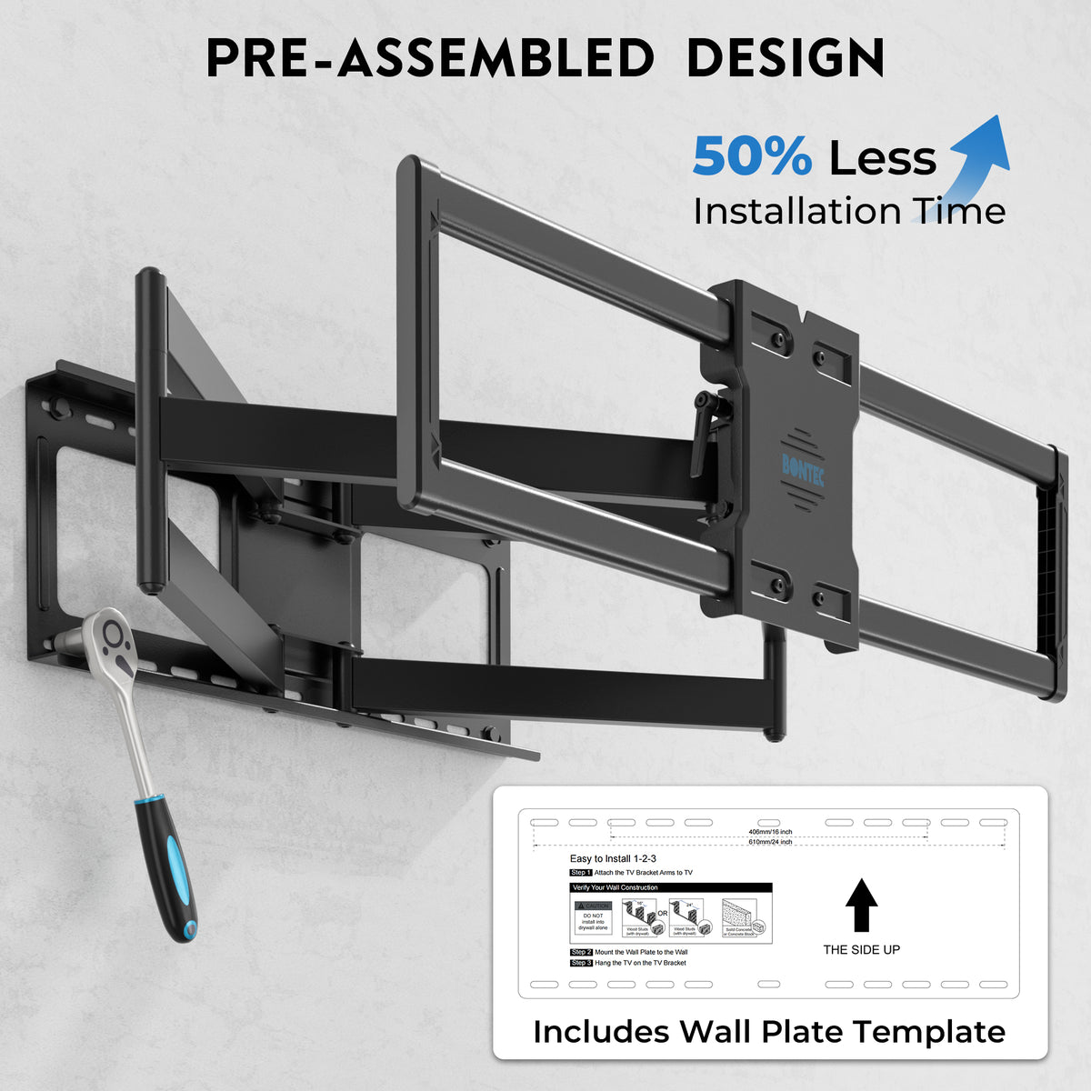 BONTEC TV-Wandhalterung für 60–110-Zoll-Fernseher, hält bis zu 125 kg, robuste Wandhalterung aus Stahl, ausziehbar bis 1016 mm, max. VESA 800x600 mm, schwenk- und neigbare Wandhalterung mit Doppelarmen, voll bewegliches Design