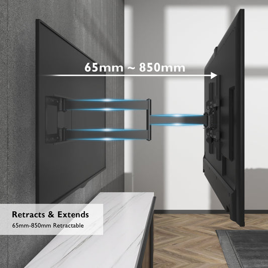 BONTEC TV-Wandhalterung, universal für 32-70 Zoll Fernseher, extra langer Schwenkarm 850mm, neigbar, schwenkbar, drehbar, volle Bewegungsfreiheit, VESA max. 400x400mm, 60kg Tragkraft