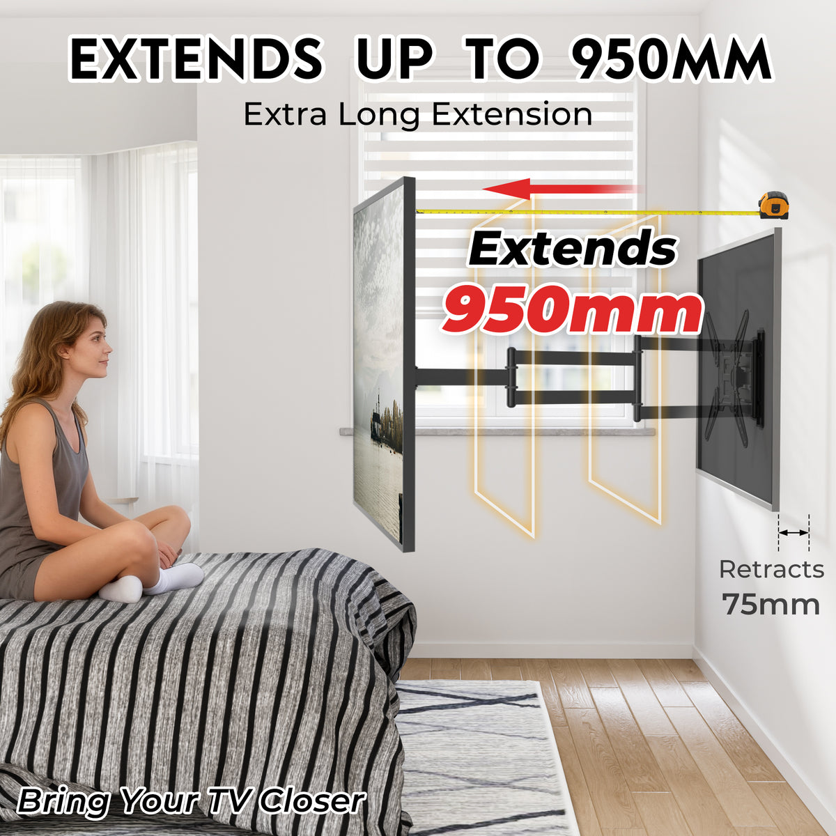 BONTEC TV-Wandhalterung für 26-65 Zoll LED LCD OLED Flach und Curved, volle Beweglichkeit Neigung und Schwenkung TV Wandhalterung mit 950mm Auszug, Universell VESA 400x400mm, Eck-TV-Halterung 35kg für Wohnzimmer Schlafzimmer