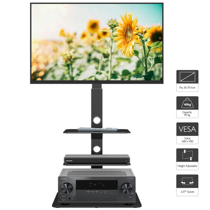 BONTEC Universal Boden-TV-Ständer für 30-70 Zoll LED OLED LCD Plasma Flach- und Curved-Bildschirme, höhenverstellbarer hoher TV-Ständer mit 3-lagigen gehärteten Glasablagen bis zu 40 kg, maximale VESA 600x400mm