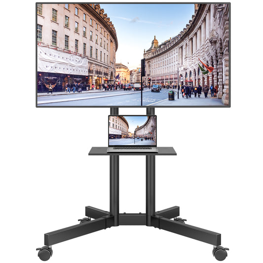 BONTEC Mobiler TV-Ständer auf Rollen, TV-Wagen mit feststellbaren Rollen für 32-85 Zoll LED-, LCD-, OLED-Flach- und Curved-TVs, neigbar, höhenverstellbar, max. VESA 600x400mm, 55kg Traglast, Laptopablage