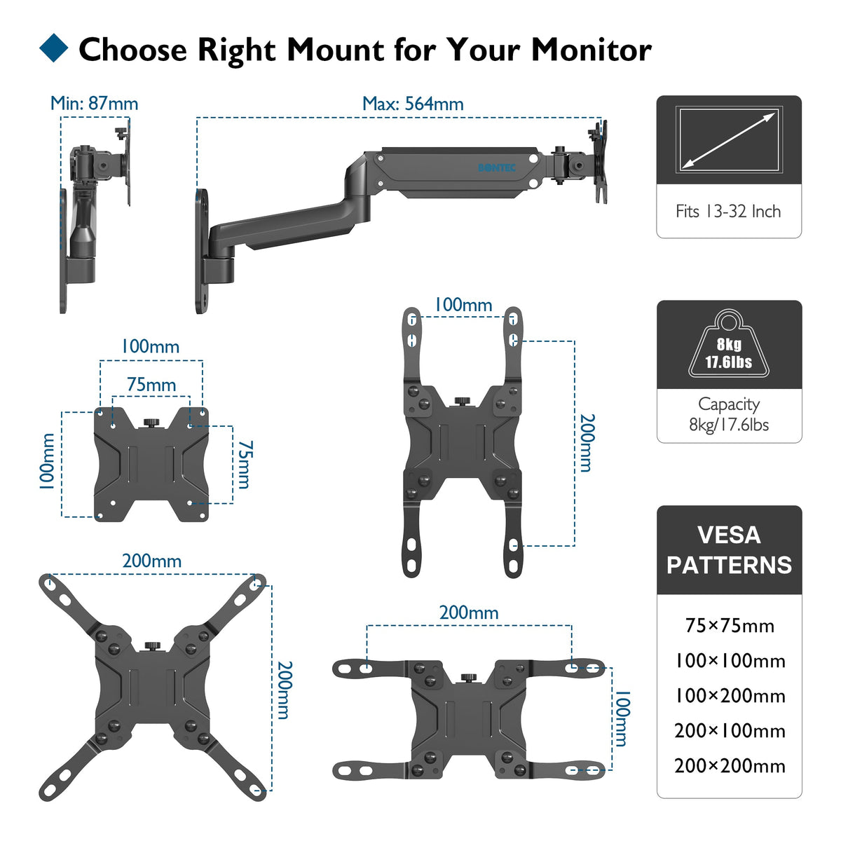 BONTEC Monitor Wandhalterung für 13-42 Zoll Bildschirme, Gasfeder Monitor Arm Wand hält bis zu 8kg, Verstellbare Neigung Schwenkbar Wand Monitor Halterung, Einzelarm mit VESA Erweiterungs-Kit passend für VESA 75/100/200